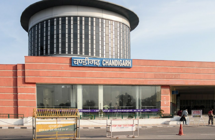 Modern Chandigarh building with distinctive cylindrical tower