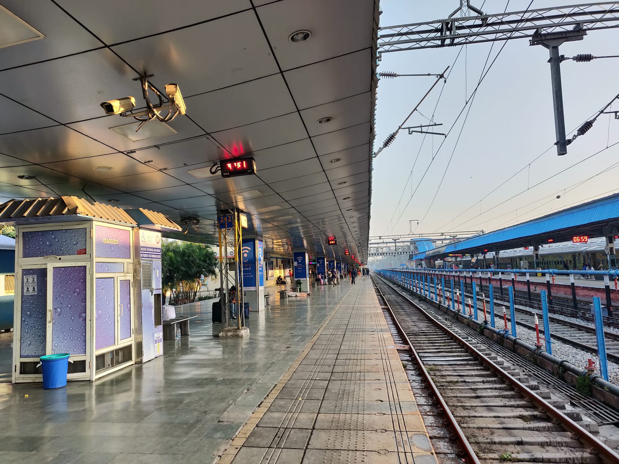 Train station platform with covered shelter and modern infrastructure